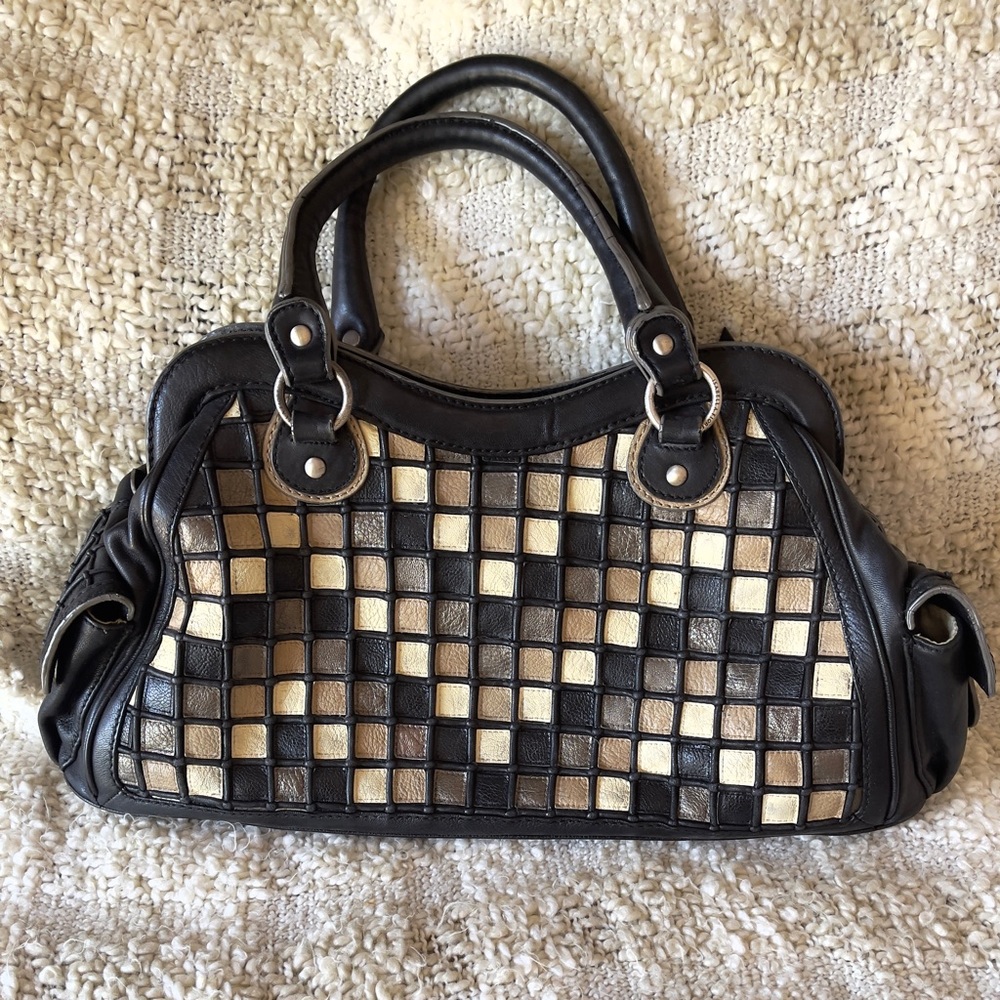 Isabella Fiore Black Satchel embellished with a Metallic Mosaic Design